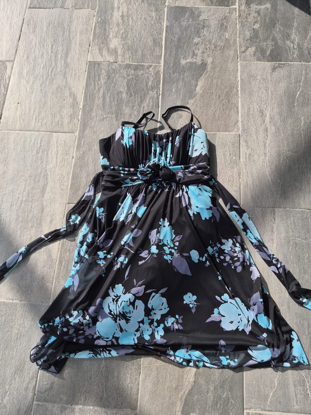 dressbarn Black Sundress with Turquoise Floral Print